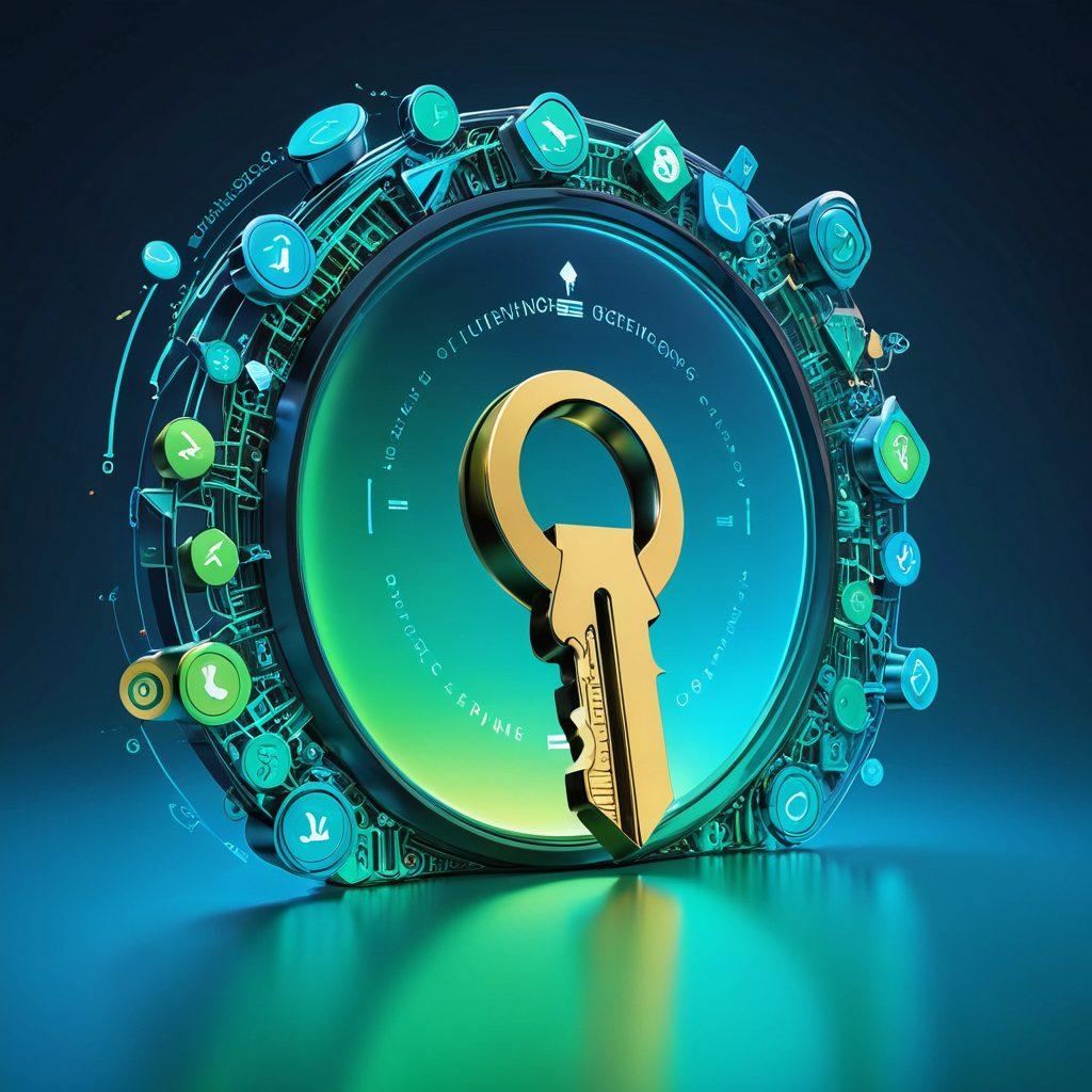 A key unlocking a large, shimmering digital lock representing domain acquisition, surrounded by floating icons of successful websites, charts, and checkmarks. The background showcases a gradient of blues and greens, symbolizing growth and opportunity. Include subtle hints of technology and optimization, like gears and graphs, to illustrate strategic thinking. super-realistic. vibrant colors.