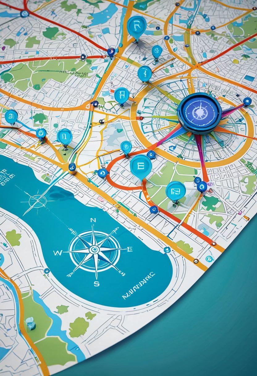 An intricate digital map featuring various domain services represented as colorful nodes and pathways. Include a compass rose symbolizing guidance and consultation tips in the foreground. The background should have a blend of soft blues and greens to evoke a sense of technology and navigation. Add elements like cloud icons and gears to represent digital services. super-realistic. vibrant colors. futuristic style.