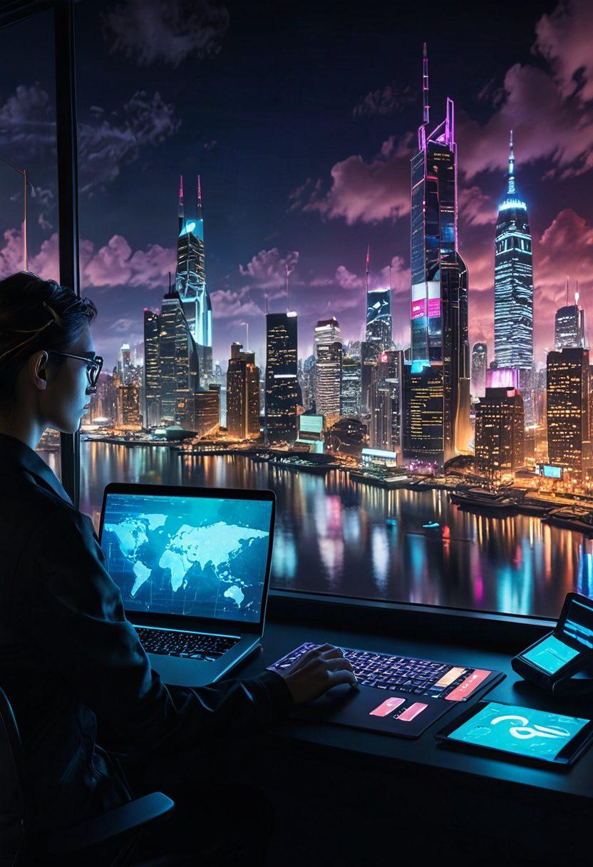 A visually striking digital landscape showcasing a sleek laptop with a glowing screen displaying a website on one side, and a professional consultant pointing at a digital chart on the other. The background features a vibrant city skyline representing the online world, with icons of websites, domains, and clouds floating around. The overall atmosphere should convey mastery and strategy in a tech-savvy environment. super-realistic. vibrant colors. cyberpunk.